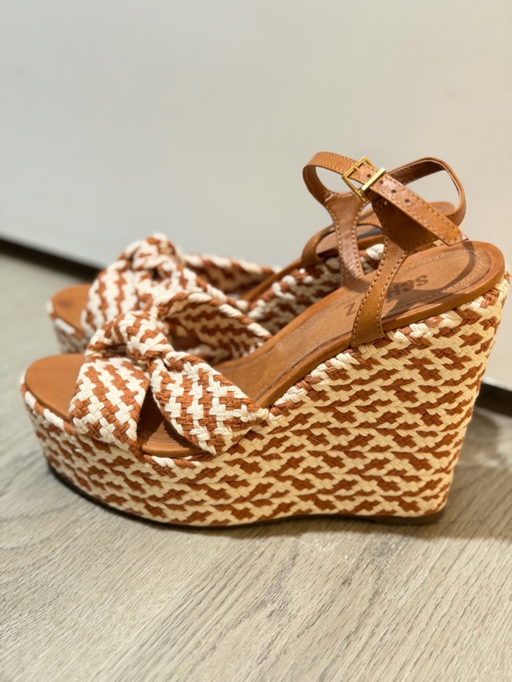 Woven Tan & Cream Wedge Sandals with Ankle Strap